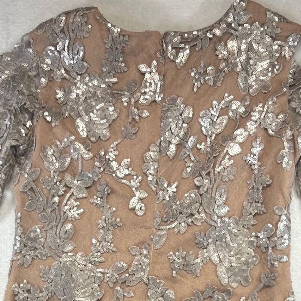 Glam Dress The Population Sequin Floral Mini Dress L Nude Gold Silver Cocktail - Picture 7 of 10